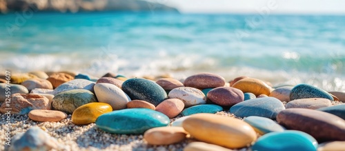 Fototapeta Naklejka Na Ścianę i Meble -  Vibrant round pebbles on sandy beach against turquoise sea in Crete Greece showcasing nature's beauty and coastal serenity.