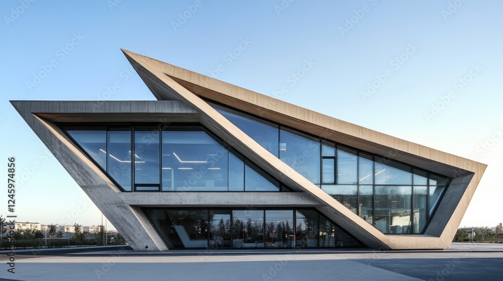 Fototapeta premium Modern architectural design featuring an innovative office building with triangular windows set against a clear blue sky for urban inspiration.