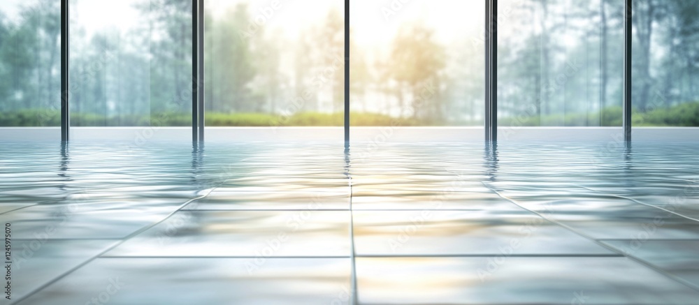 Fototapeta premium Serene Reflection of Blurred Water on Tile and Cement Floors with Lush Greenery in the Background