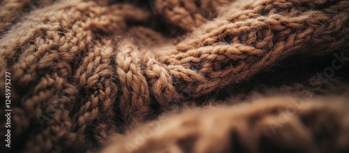 Knitted woolen fabric texture closeup showcasing intricate patterns and soft, fluffy fibers in warm earthy tones. Perfect for textile designs. photo