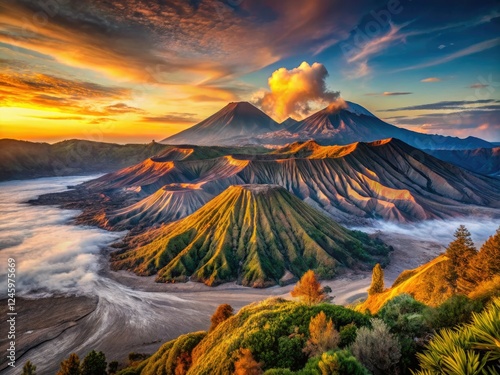 Witness breathtaking panoramic sunrise over Indonesia's volcanic Mount Bromo. photo