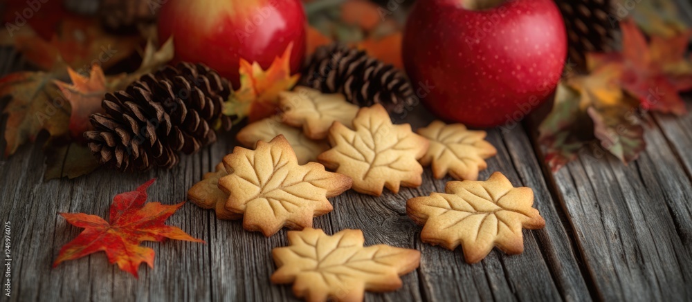 Fototapeta premium Autumn themed cookies shaped like maple leaves with red apples and pine cones on a rustic wooden background ideal for seasonal advertising.