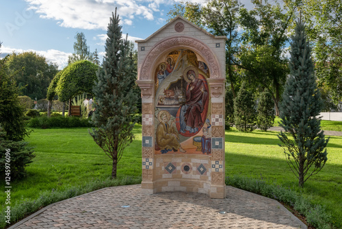 YEKATERINBURG, RUSSIA. The Nativity Scene. Mosaic icon of the Nativity of Christ placed in a marble kiot at the Alexander Nevsky Novo-Tikhvin Monastery photo