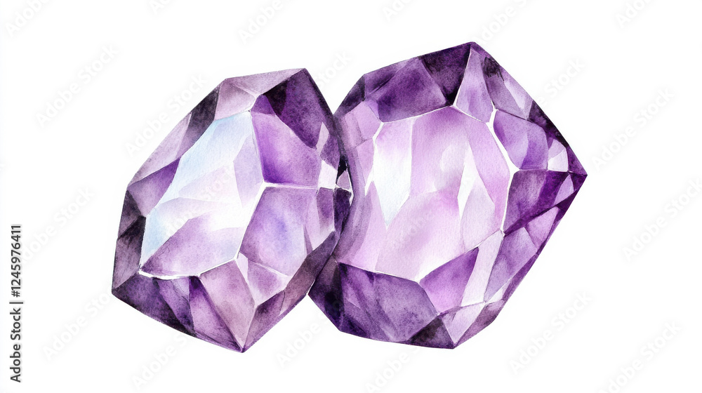 Two beautifully cut amethyst gemstones showcasing their radiant purple hues. isolated on white background. Two beautifully cut amethyst gemstones showcasing their radiant purple hues. isolated on white background.