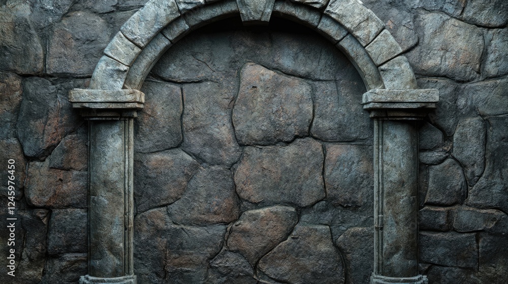 Weathered stone wall with arch and stucco remnants featuring ample space for text or graphic overlay in a rustic setting Weathered stone wall with arch and stucco remnants featuring ample space for text or graphic overlay in a rustic setting