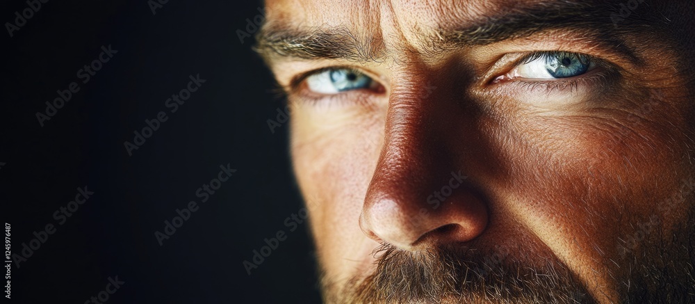 Intense close-up of a man's expressive face with striking blue eyes and dramatic lighting, featuring a blank space for your text or design. Intense close-up of a man's expressive face with striking blue eyes and dramatic lighting, featuring a blank space for your text or design.