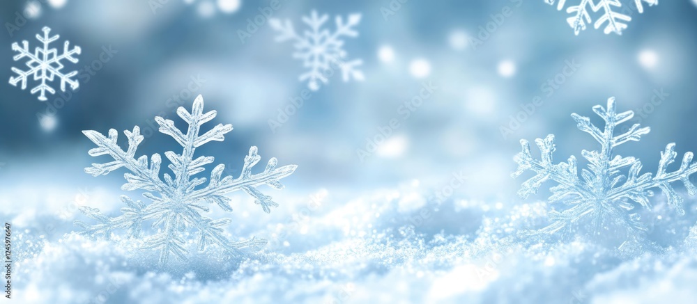 Snowfall on a serene blue background with blurred snowflakes creating a tranquil winter atmosphere Snowfall on a serene blue background with blurred snowflakes creating a tranquil winter atmosphere