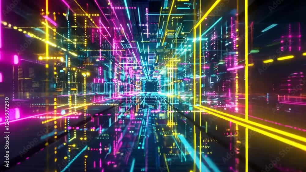 A vibrant digital landscape with colorful lights creating a futuristic atmosphere footage A vibrant digital landscape with colorful lights creating a futuristic atmosphere footage