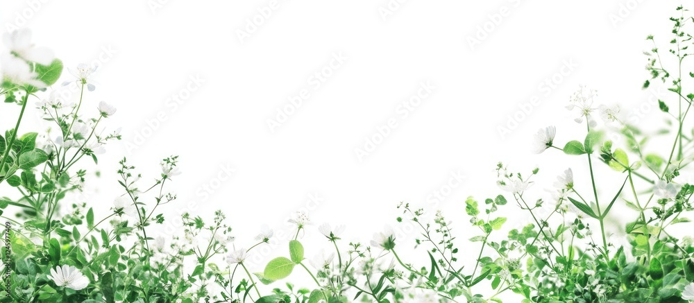 Lush green and white wildflower field creating a serene blank canvas perfect for text or overlay graphics. Lush green and white wildflower field creating a serene blank canvas perfect for text or overlay graphics.