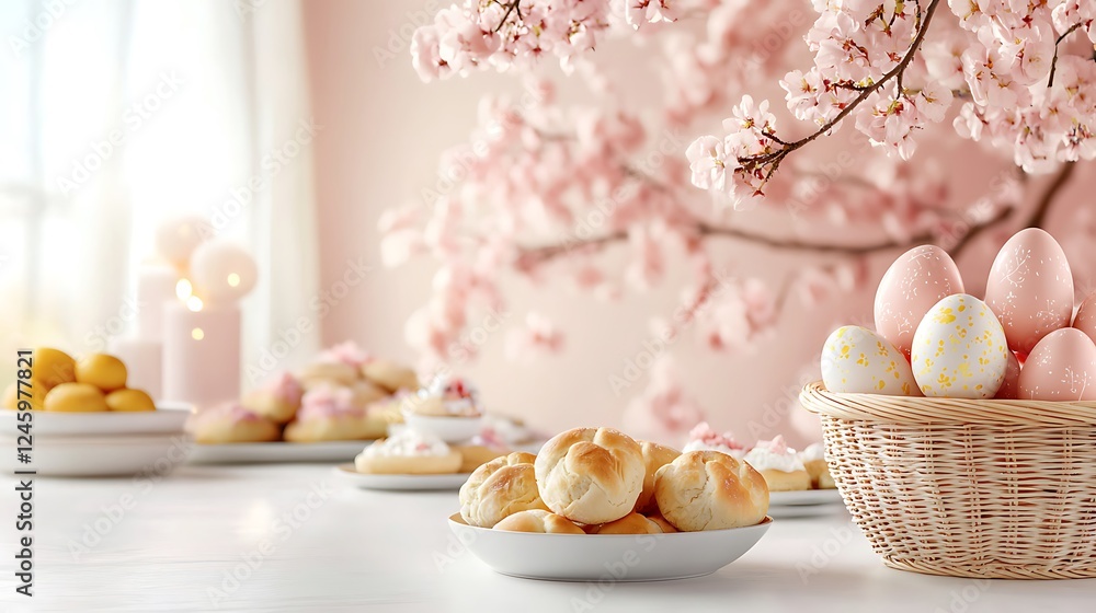 Easter day celebration with pastel tone eggs in a charming spring kitchen environment Easter day celebration with pastel tone eggs in a charming spring kitchen environment
