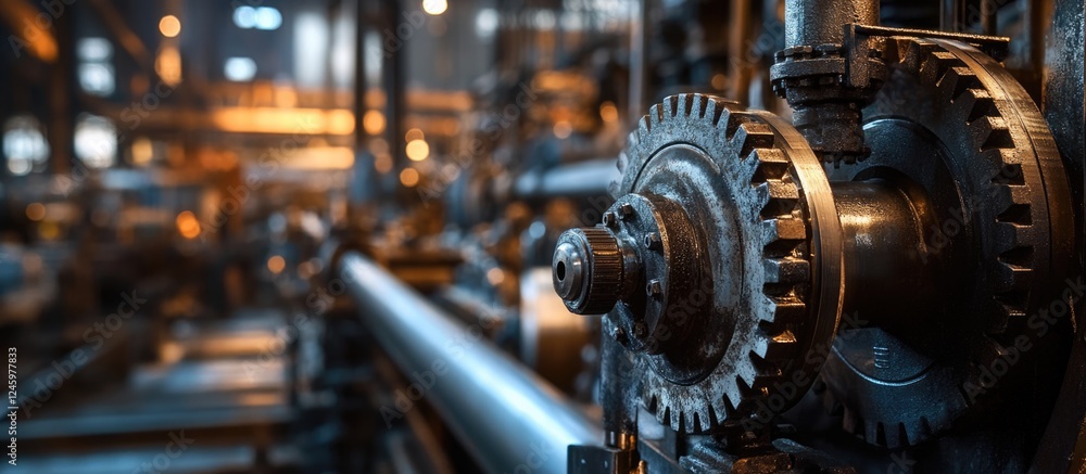 Industrial machinery close-up showcasing intricate gears and pipes in a steelworks environment with dramatic lighting and depth of field. Industrial machinery close-up showcasing intricate gears and pipes in a steelworks environment with dramatic lighting and depth of field.