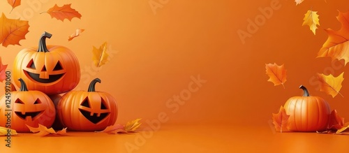 Festive Halloween scene featuring carved orange pumpkins and colorful autumn leaves with a blank space for customizable text or messages