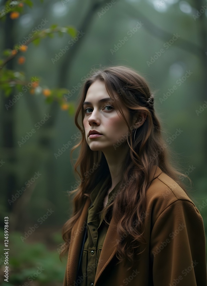 Naklejka premium Young Caucasian woman with long, wavy brown hair, wearing a brown jacket, standing in a misty forest.