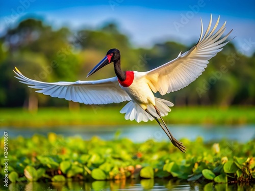 Majestic Jabiru Stork in Flight over Pantanal Wetlands, Brazil photo