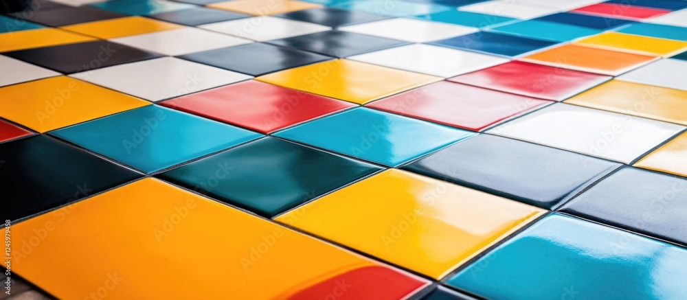 Fototapeta premium Vibrant Geometric Floor Tiles with Colorful Patterns and Open Space for Text Placement