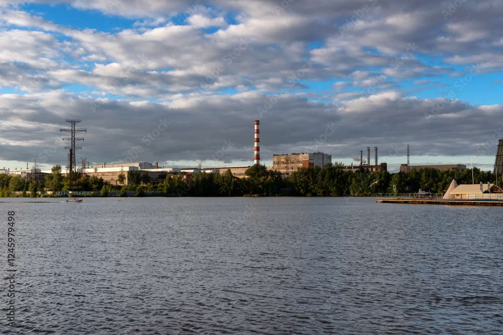 YEKATERINBURG, RUSSIA. View of the Verkhny Isetsky Metallurgical Plant and the Iset River
