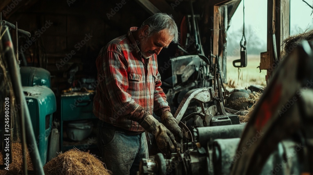 Dedicated Farmer Working in a Rustic Barn Dedicated Farmer Working in a Rustic Barn