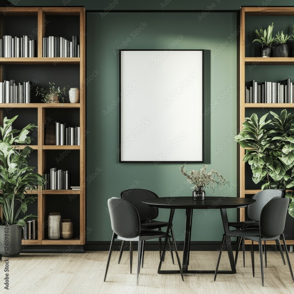 Modern dining room, green wall, bookshelves, mockup poster, plants Modern dining room, green wall, bookshelves, mockup poster, plants