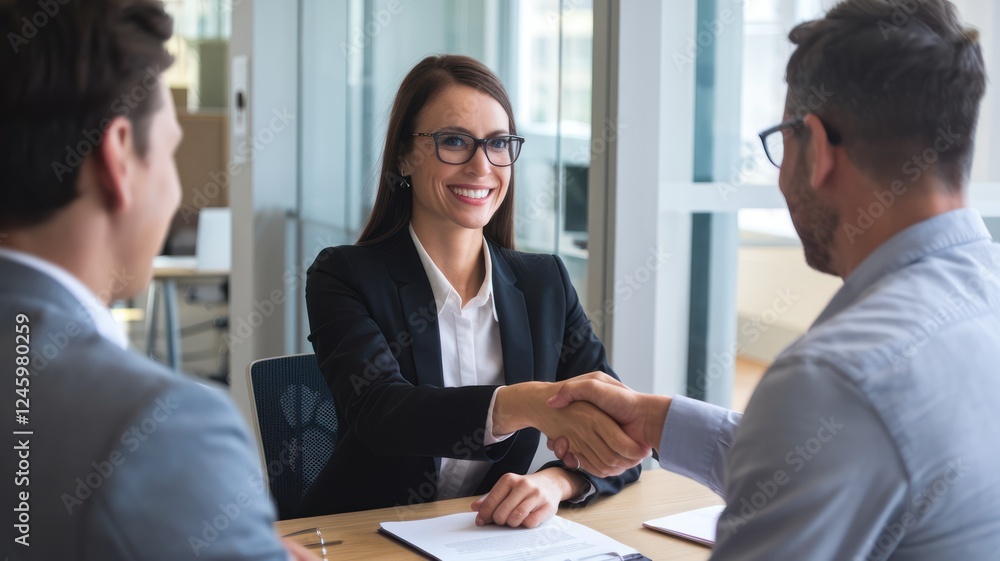 a confident businesswoman shakes hands with a client or colleague across a table in a modern office setting. The woman is smiling and looking at her counterpart. a confident businesswoman shakes hands with a client or colleague across a table in a modern office setting. The woman is smiling and looking at her counterpart.