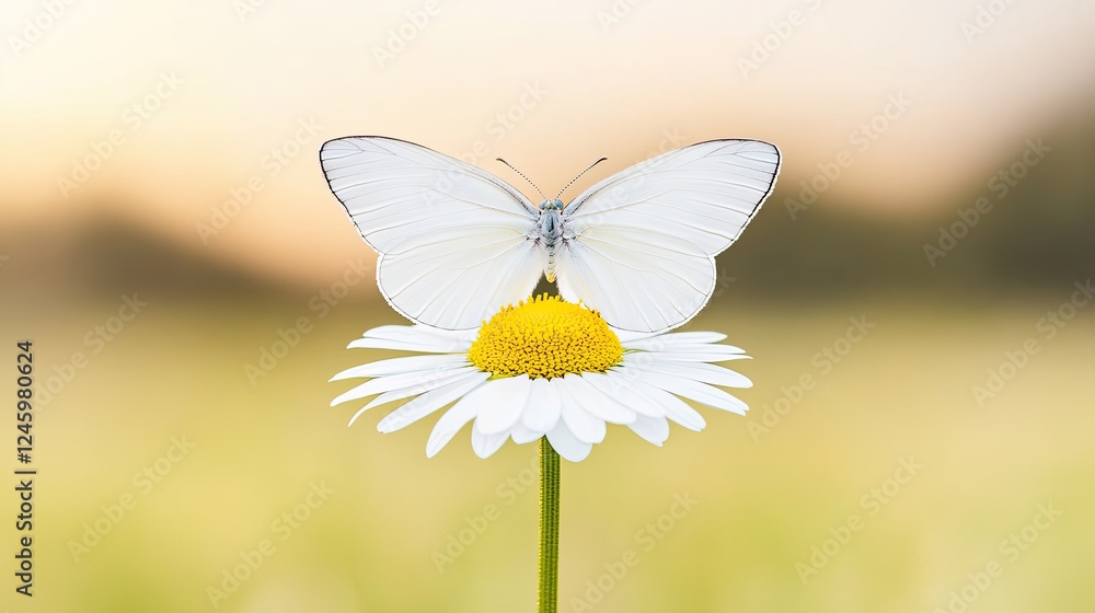 A delicate white butterfly perched on a vibrant daisy in a serene meadow at sunset A delicate white butterfly perched on a vibrant daisy in a serene meadow at sunset