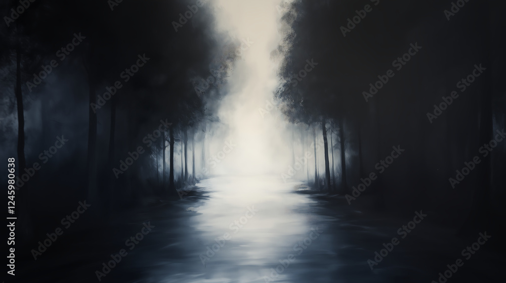 Fototapeta premium A serene dark forest landscape with mist drifting over a still river, creating an atmosphere of mystery and tranquility. The interplay of light and shadow adds depth to the scene.