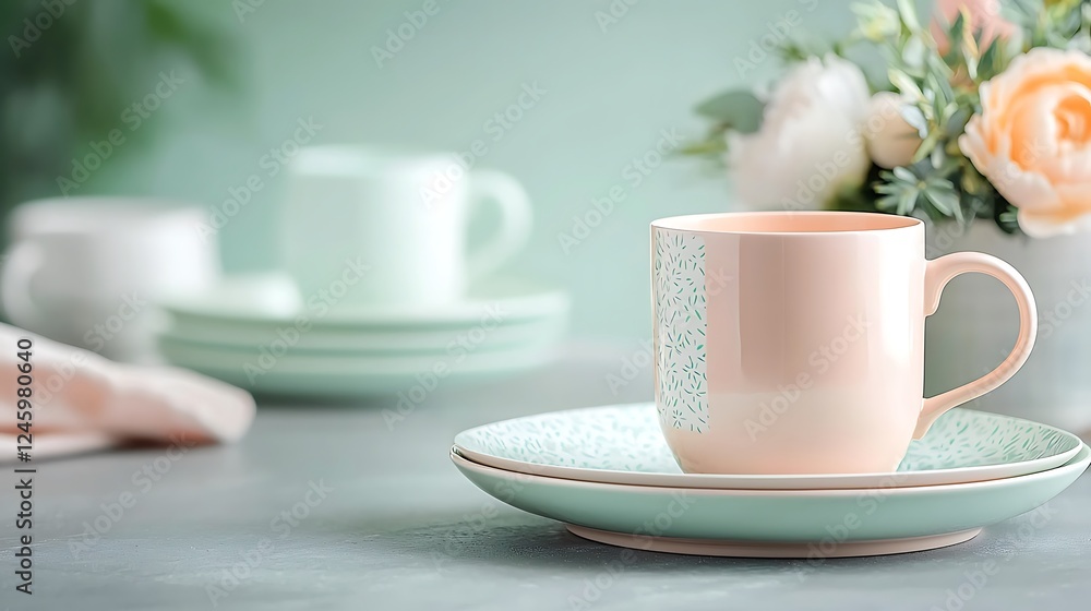 Easter day celebration with pastel tone eggs and cups in a serene setting Easter day celebration with pastel tone eggs and cups in a serene setting