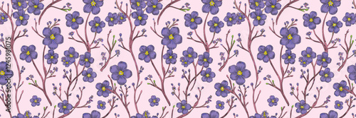 Repeating pattern of small, stylized blue flowers with brown stems and leaves against a light pink background.