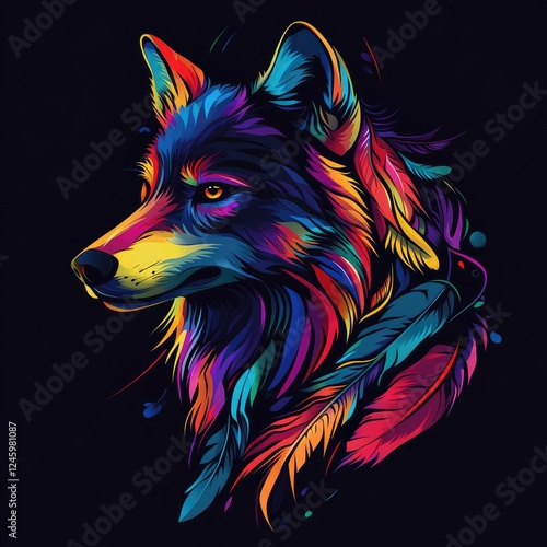 Colorful wolf portrait, feathers, dark background, digital art, tshirt design