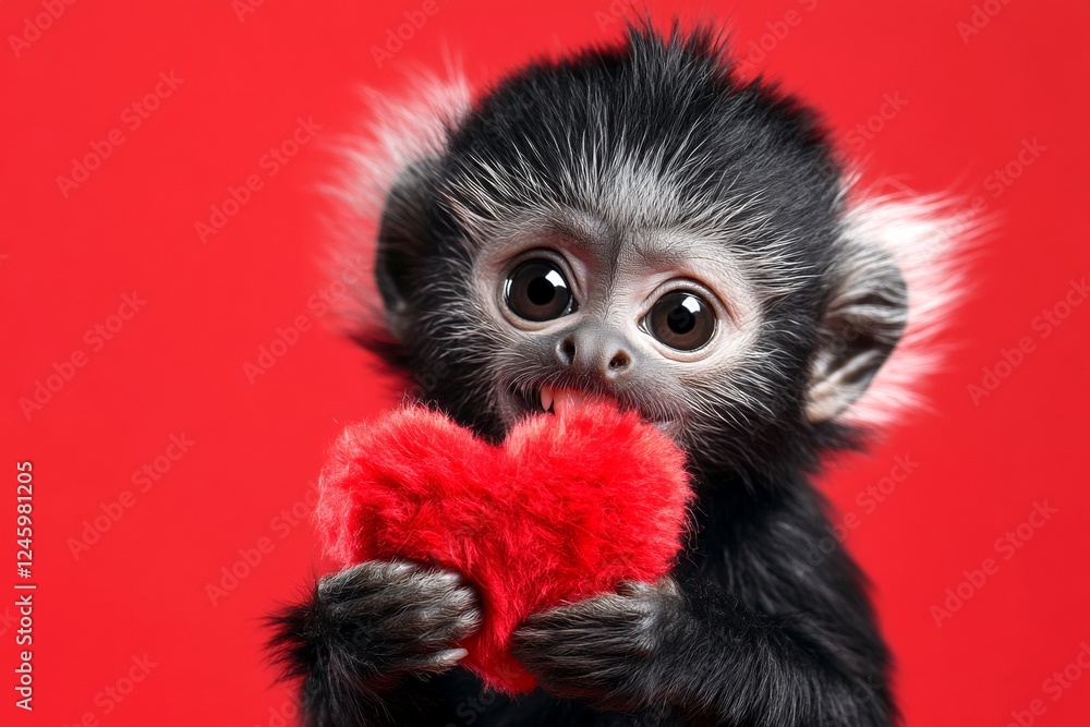 Promotion visual idea. Commercial conceptual art. Cute tamarin baby with fluffy red heart - emblem of love, funny greeting card. Tamarin - my treasured animal. Valentine's day wildlife. Promotion visual idea. Commercial conceptual art. Cute tamarin baby with fluffy red heart - emblem of love, funny greeting card. Tamarin - my treasured animal. Valentine's day wildlife.