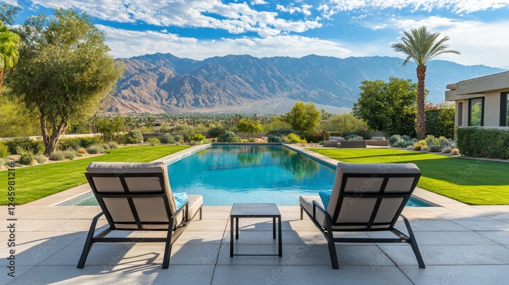 Inviting patio chairs overlooking a serene pool and majestic mountains in a peaceful outdoor setting Inviting patio chairs overlooking a serene pool and majestic mountains in a peaceful outdoor setting