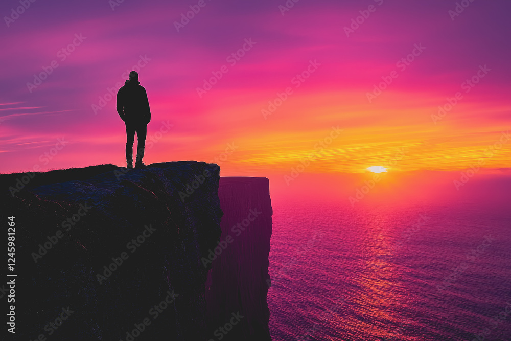 Person standing on a cliff edge overlooking a vast ocean with waves crashing against rocks and a clear blue sky in the background during a sunny day Person standing on a cliff edge overlooking a vast ocean with waves crashing against rocks and a clear blue sky in the background during a sunny day