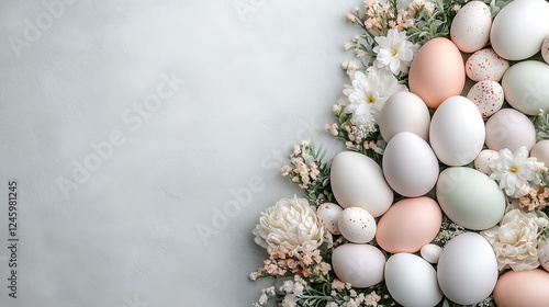 Easter day celebration with pastel tone easter eggs floral elements soft background photo