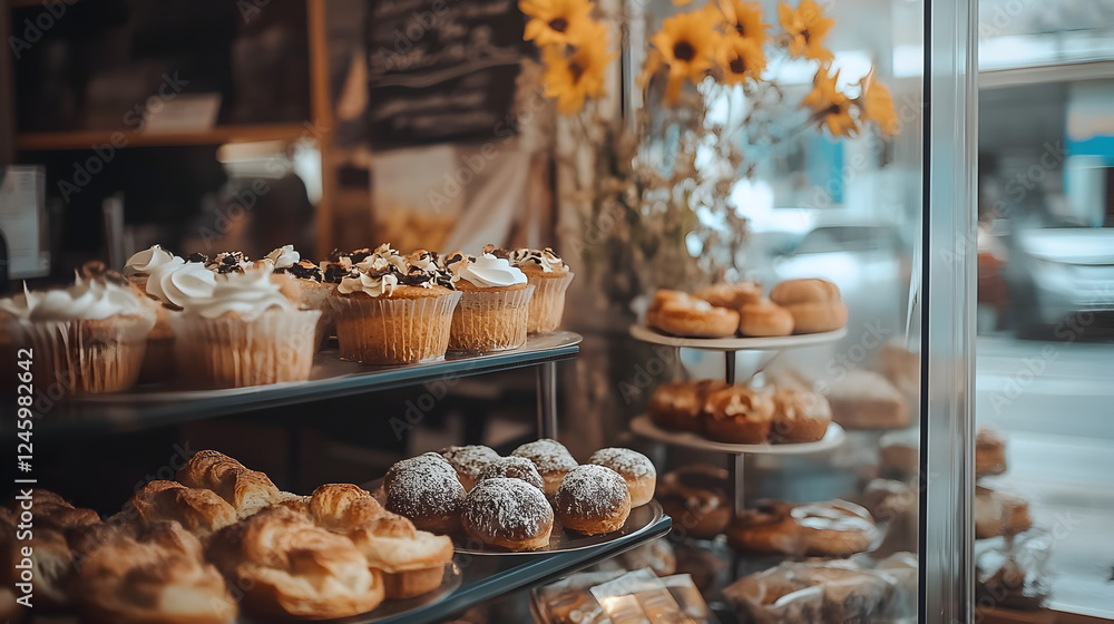 eco-friendly bakery displaying pastries in a glass case with minimal plastic use eco-friendly bakery displaying pastries in a glass case with minimal plastic use