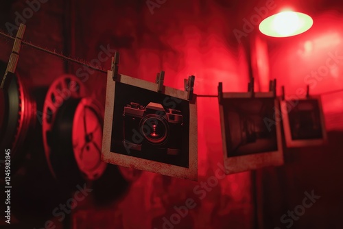 Red lit room with photos drying on a line