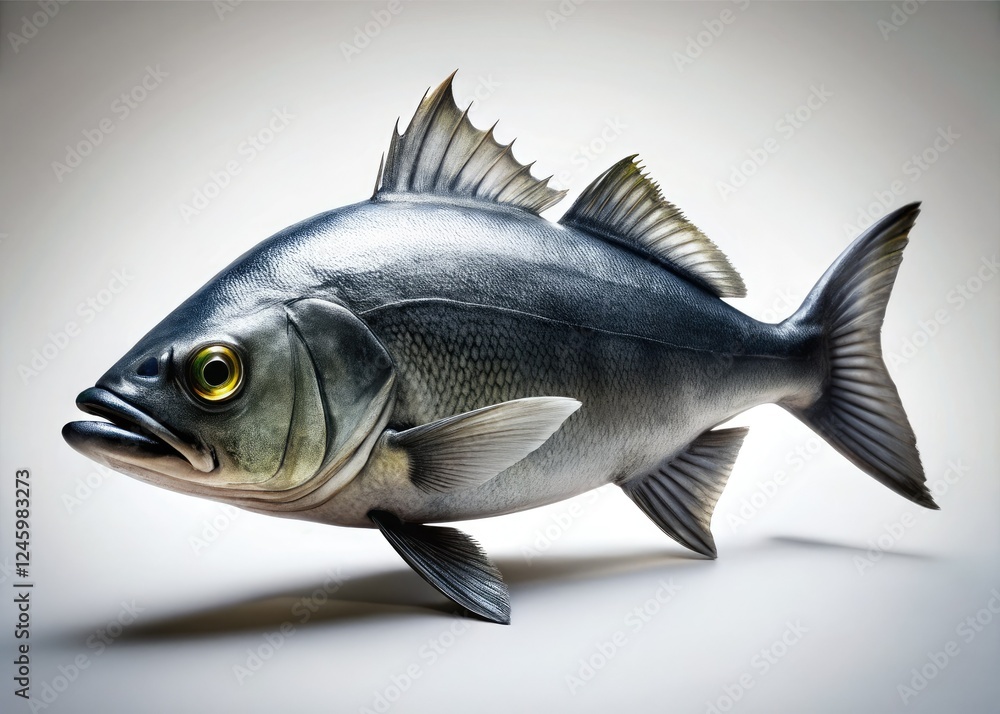 A dark gray taxidermied fish, stark against a white backdrop, styled in a creative studio fashion shoot. A dark gray taxidermied fish, stark against a white backdrop, styled in a creative studio fashion shoot.