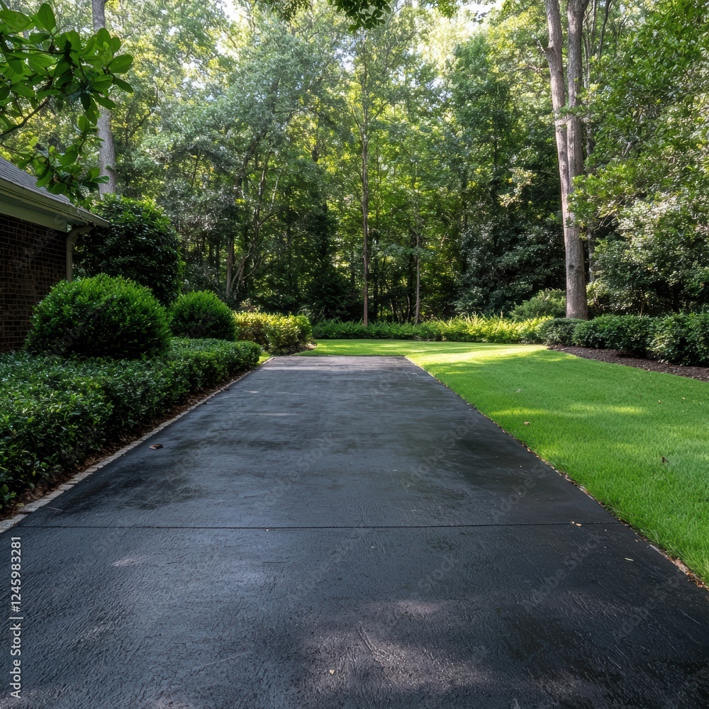 A well-maintained driveway leading to a lush green yard. A well-maintained driveway leading to a lush green yard.