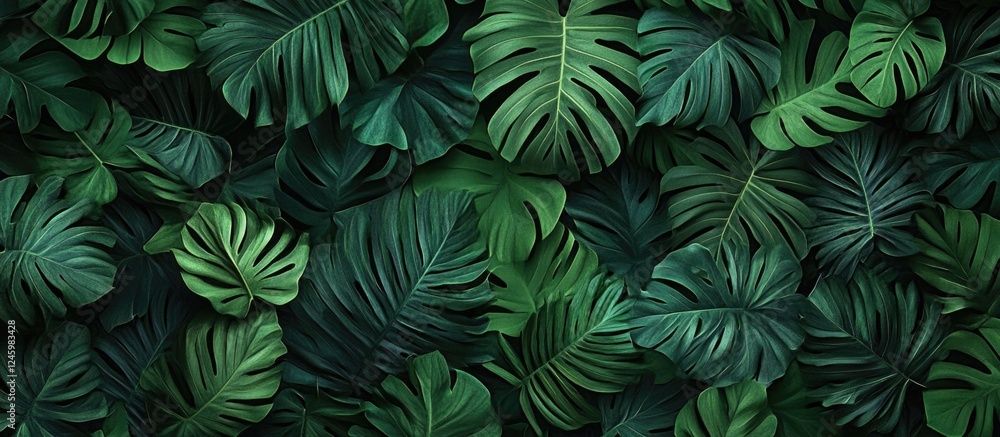 Lush green tropical leaves background creating a vibrant and refreshing natural ambiance for design projects. Lush green tropical leaves background creating a vibrant and refreshing natural ambiance for design projects.