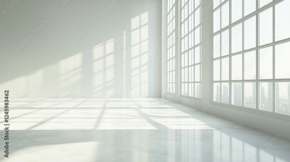 Sunlight pours through expansive windows, illuminating the clean, white interior. The interplay of light and shadow creates a tranquil atmosphere in this serene space Sunlight pours through expansive windows, illuminating the clean, white interior. The interplay of light and shadow creates a tranquil atmosphere in this serene space
