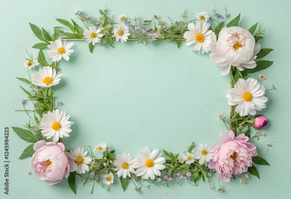 Fototapeta premium Floral Frame Arranged Around the Edges of a Pastel Mint Green Background