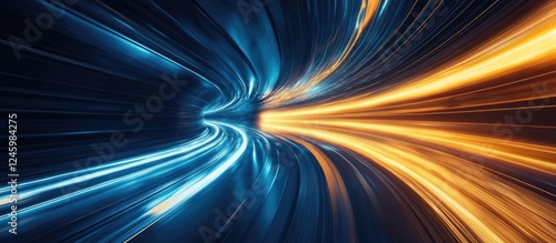 Futuristic tunnel with dynamic glowing lines in blue and orange creating an abstract background with space for text or branding.