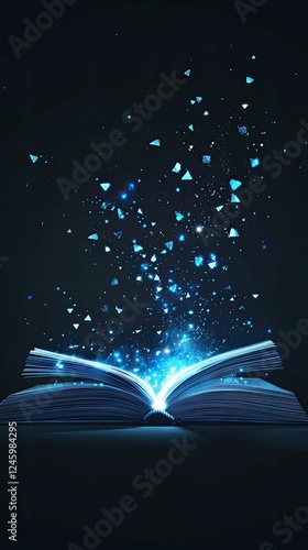 Glowing open book, blue sparkles erupt.