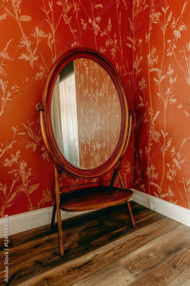 Oval wooden mirror on a stand in a bedroom with patterned wallpaper. Oval wooden mirror on a stand in a bedroom with patterned wallpaper.