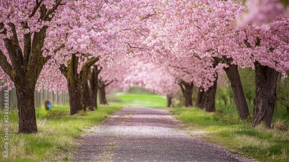 Serene pathway adorned with cherry blossom trees and soft pink petals in a tranquil spring scene Serene pathway adorned with cherry blossom trees and soft pink petals in a tranquil spring scene