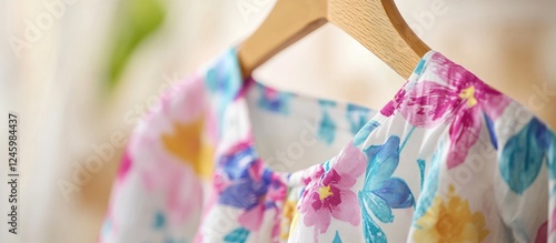 Wallpaper Mural Colorful floral sundress hanging on a wooden hanger showcasing vibrant patterns in a soft light atmosphere. Perfect for summer fashion displays. Torontodigital.ca