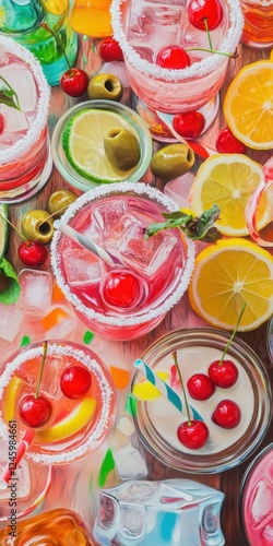 1960s inspired cocktail garnish board.  Vintage glassware, maraschino cherries, sugar rimmed glasses, colorful straws. Citrus peels, olives and candied fruit photo