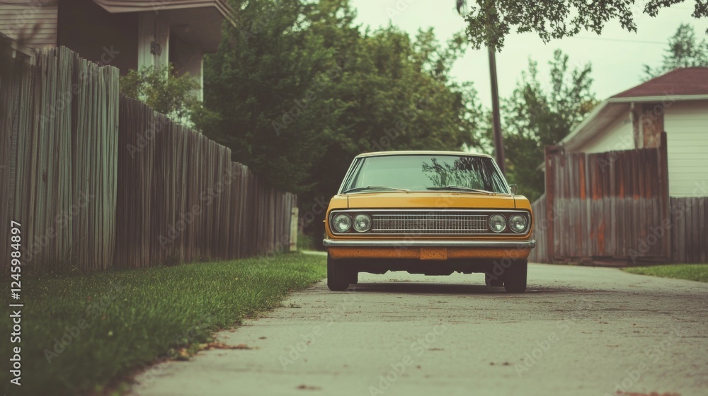 Obraz premium Yellow classic car parked on residential street (1)