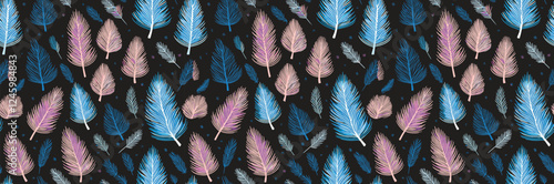 Pattern of stylized trees in shades of pink and blue against a dark background, creating a forest-like effect.