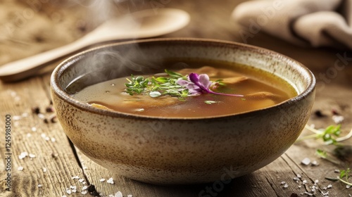 adaptogenic broth in a delicate ceramic bowl, its deep amber hue reflecting the richness of reishi mushrooms, ashwagandha, and astragalus. photo