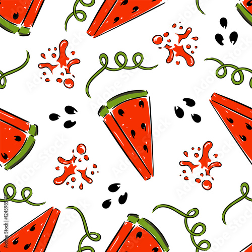 Bright summer seamless pattern, hand drawn watermelons and playful splashes for fresh design vector illustration