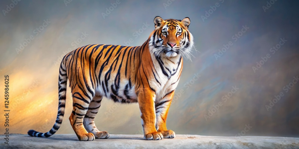 Obraz premium A majestic Bengal tiger, powerful predator, captured in stunning wildlife photography. A royal beauty, striking stripes, wild cat portrait.